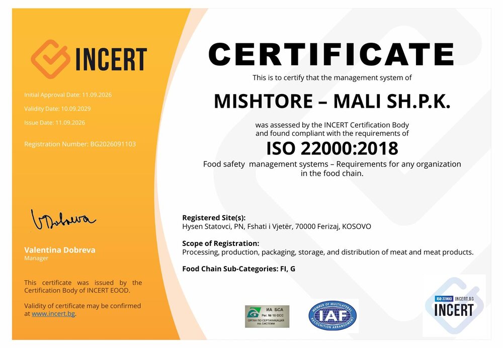 ISO 22000:2018 certificate issued to Mishtore - Mali SH.P.K.