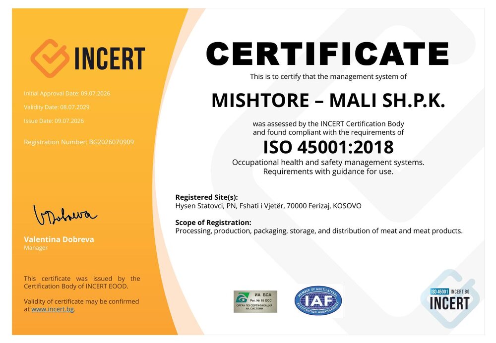 ISO 45001:2018 certificate issued to Mishtore - Mali SH.P.K.
